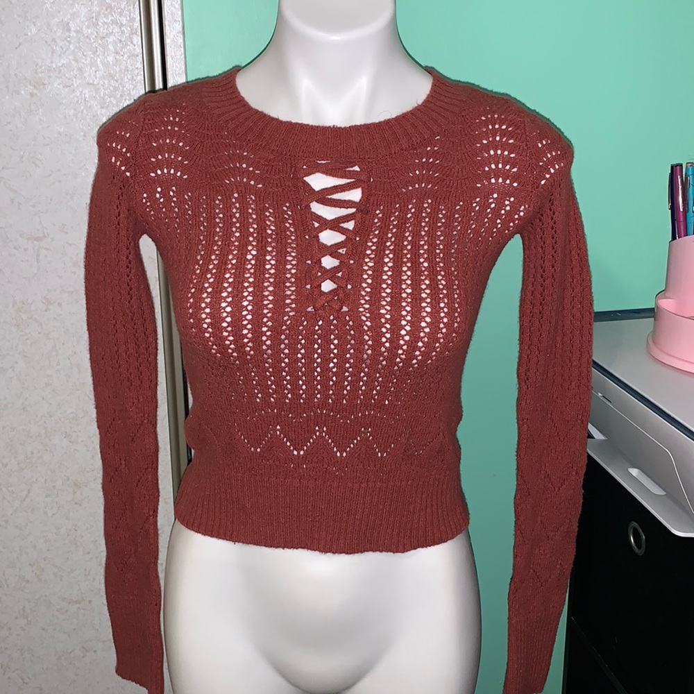 burnt orange lace cup cropped knit sweater